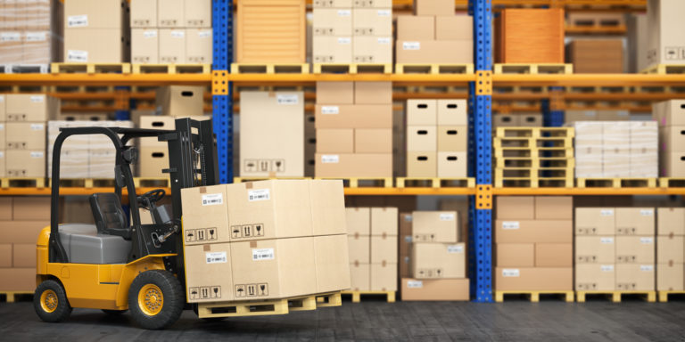 Forklift truck in storage warehouse