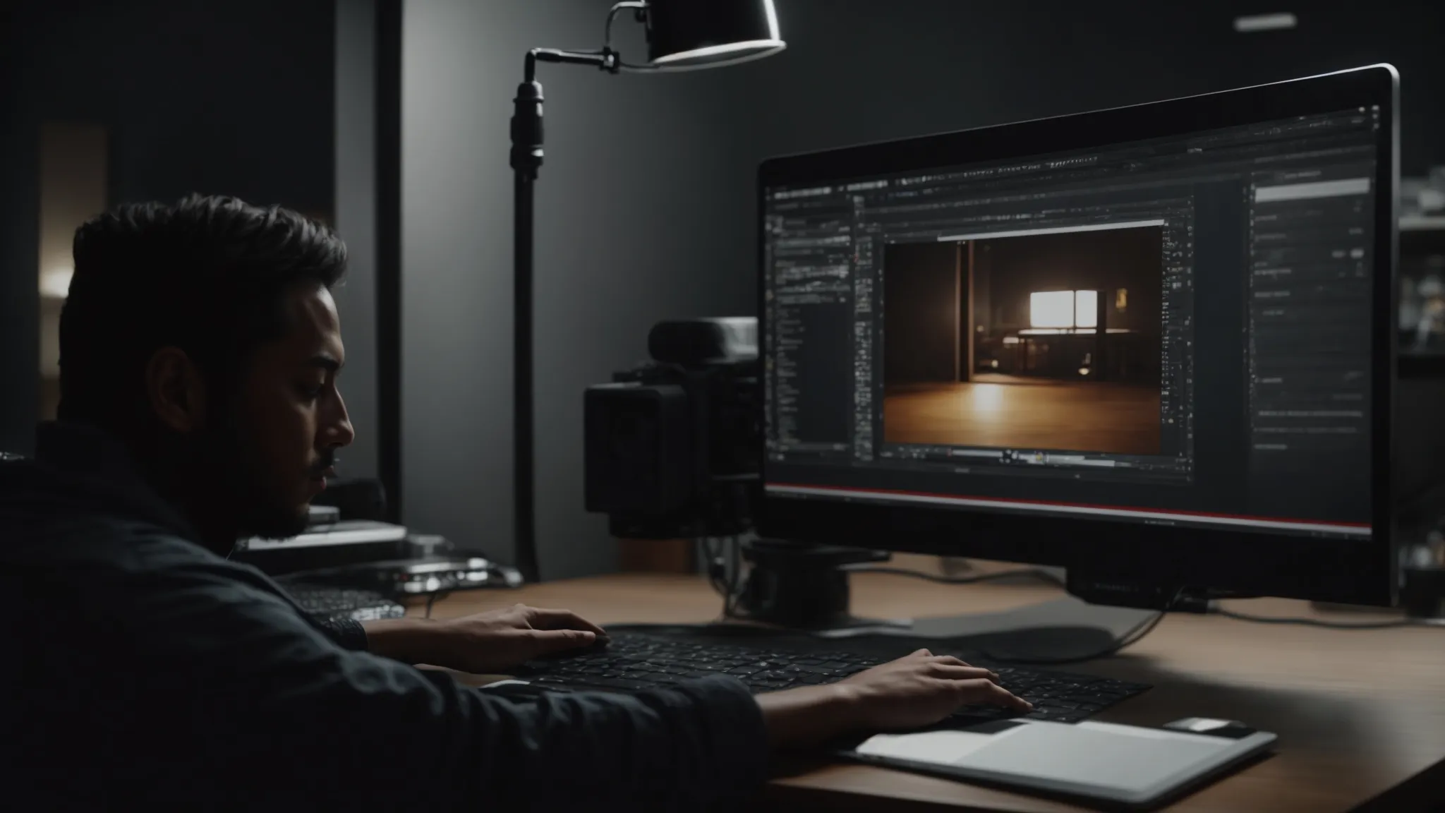 a filmmaker editing a video on a computer, focusing on adding a branded intro and outro.