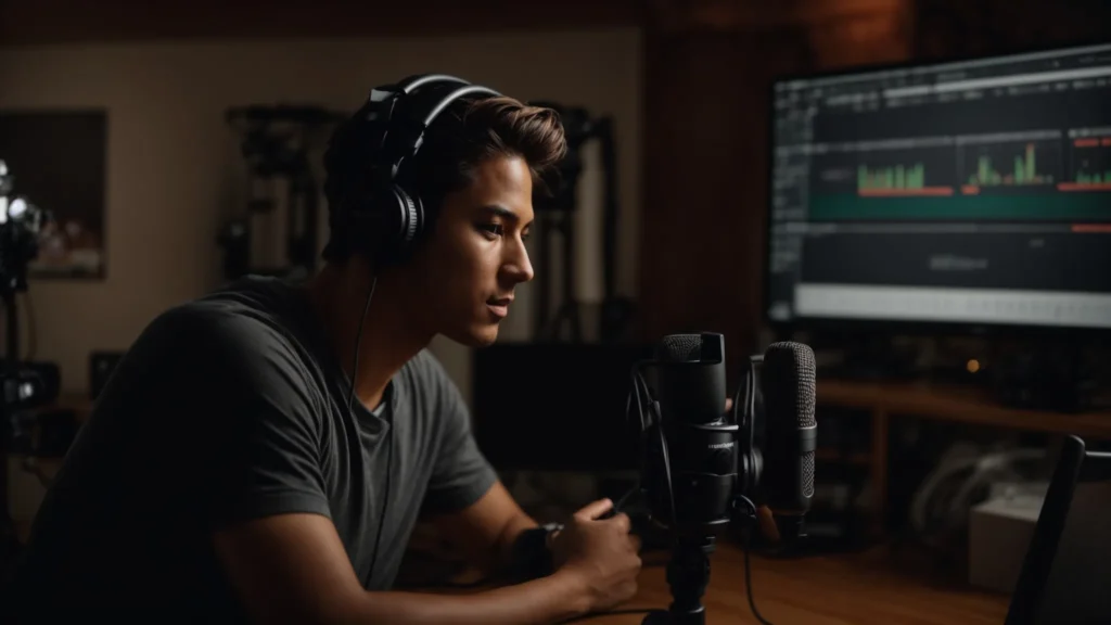 a person talking into a microphone in front of a camera setup at a cozy home studio, with a computer showing a live stream interface in the background.
