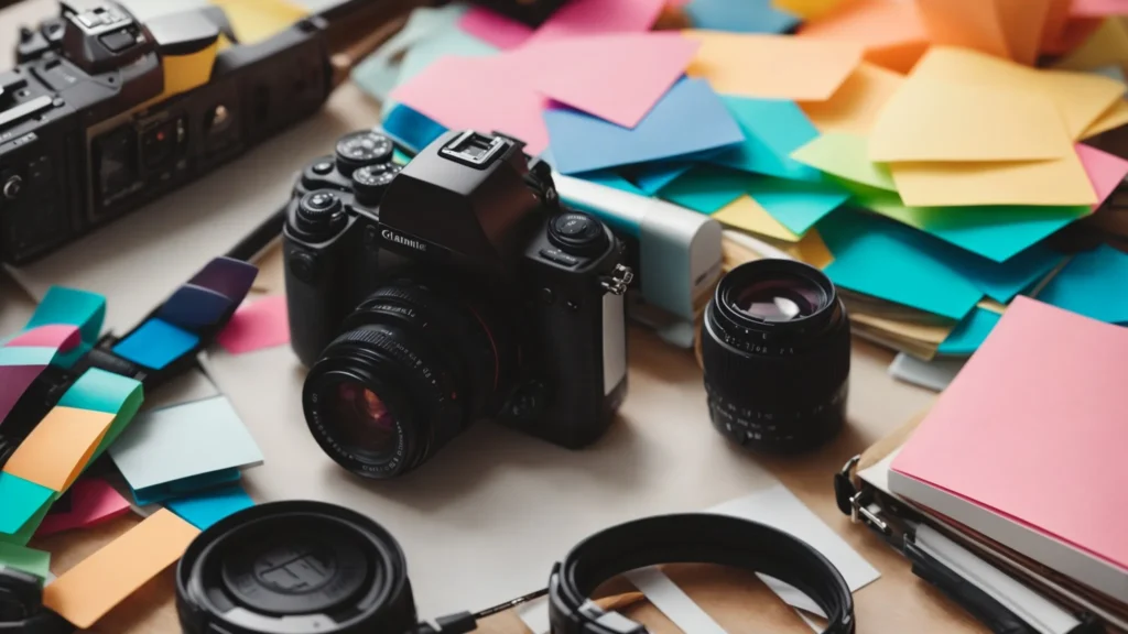 a camera, smartphone, and a notepad with a pen lie on a table surrounded by colorful sticky notes.