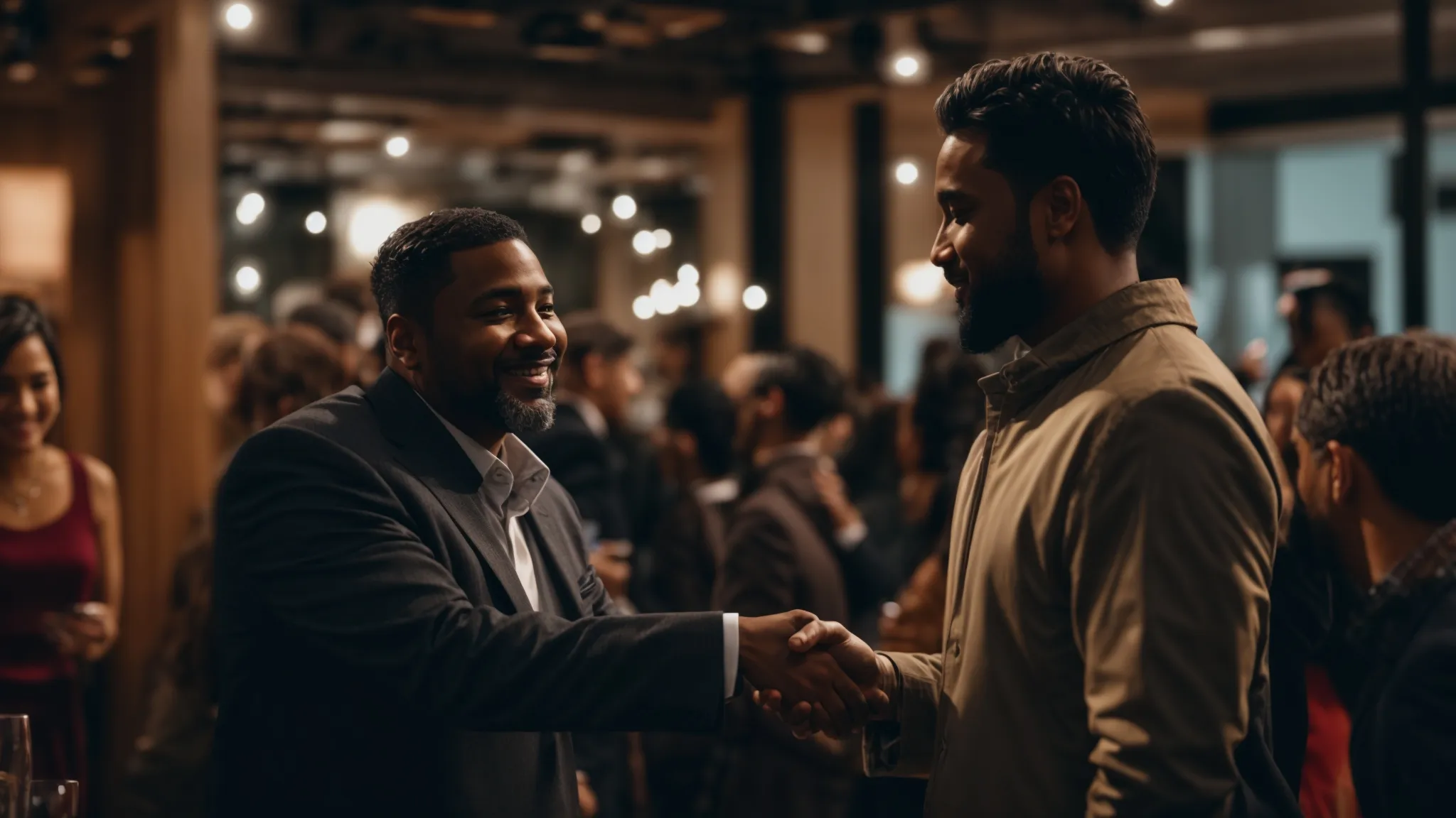 a creator shakes hands with a brand representative at a vibrant networking event.