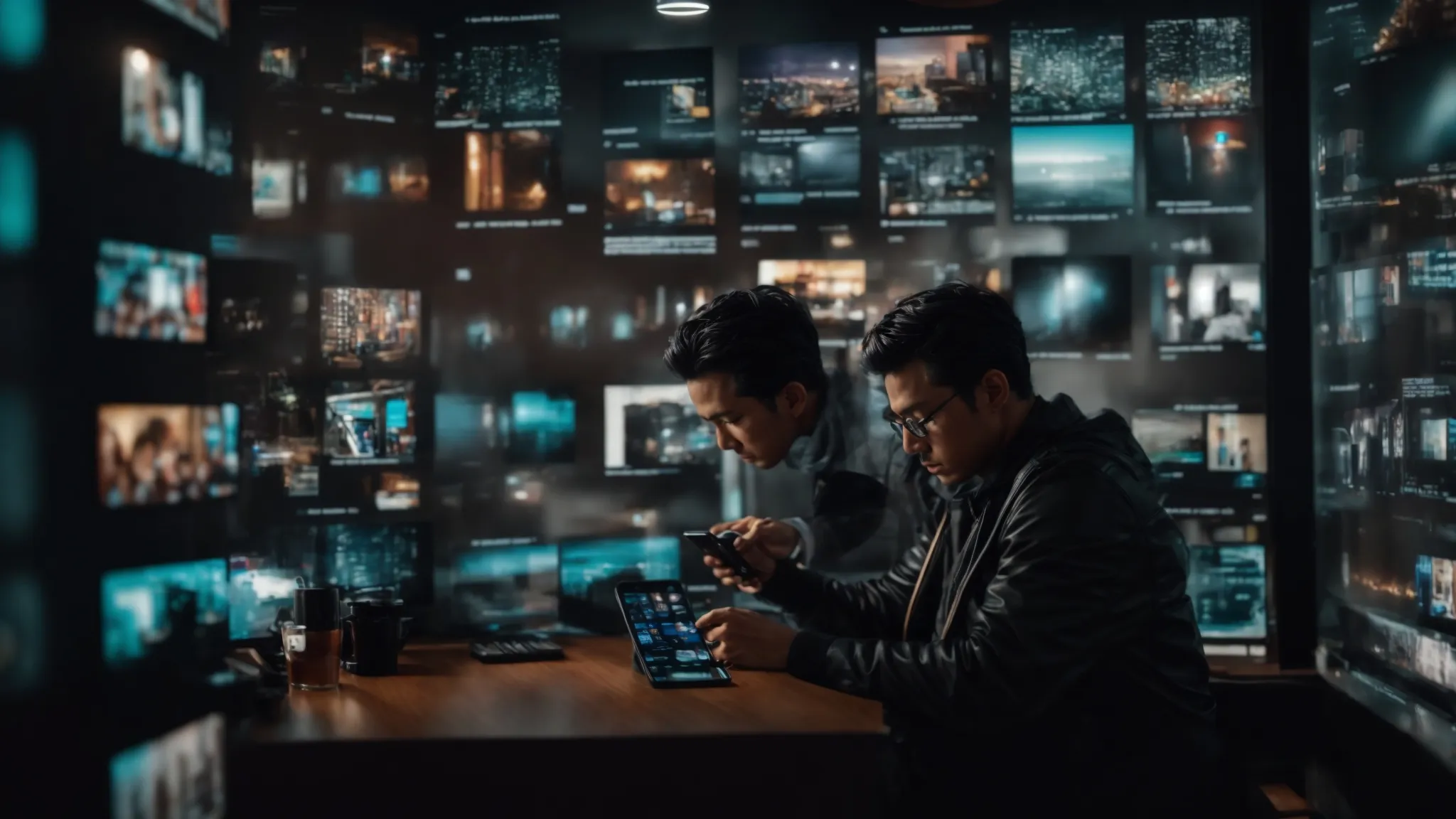 a creator intensely studies their smartphone, surrounded by screens displaying various social media analytics and trending hashtags.