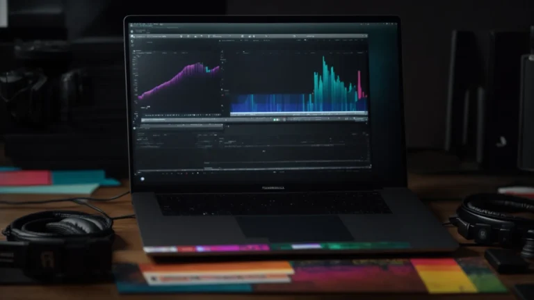 a laptop displaying a colorful and user-friendly video editing interface sits on a desk, surrounded by a camera and headphones.