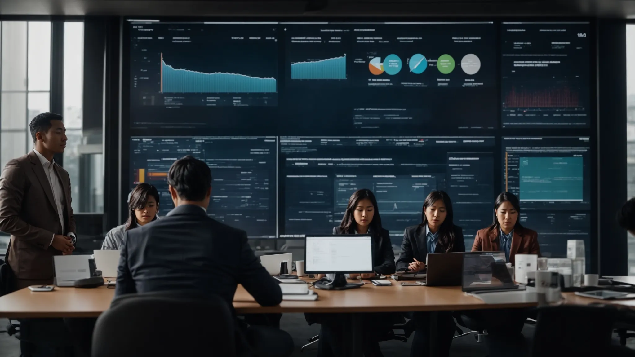 a group of professionals gathered around a large digital screen, reviewing social media analytics.
