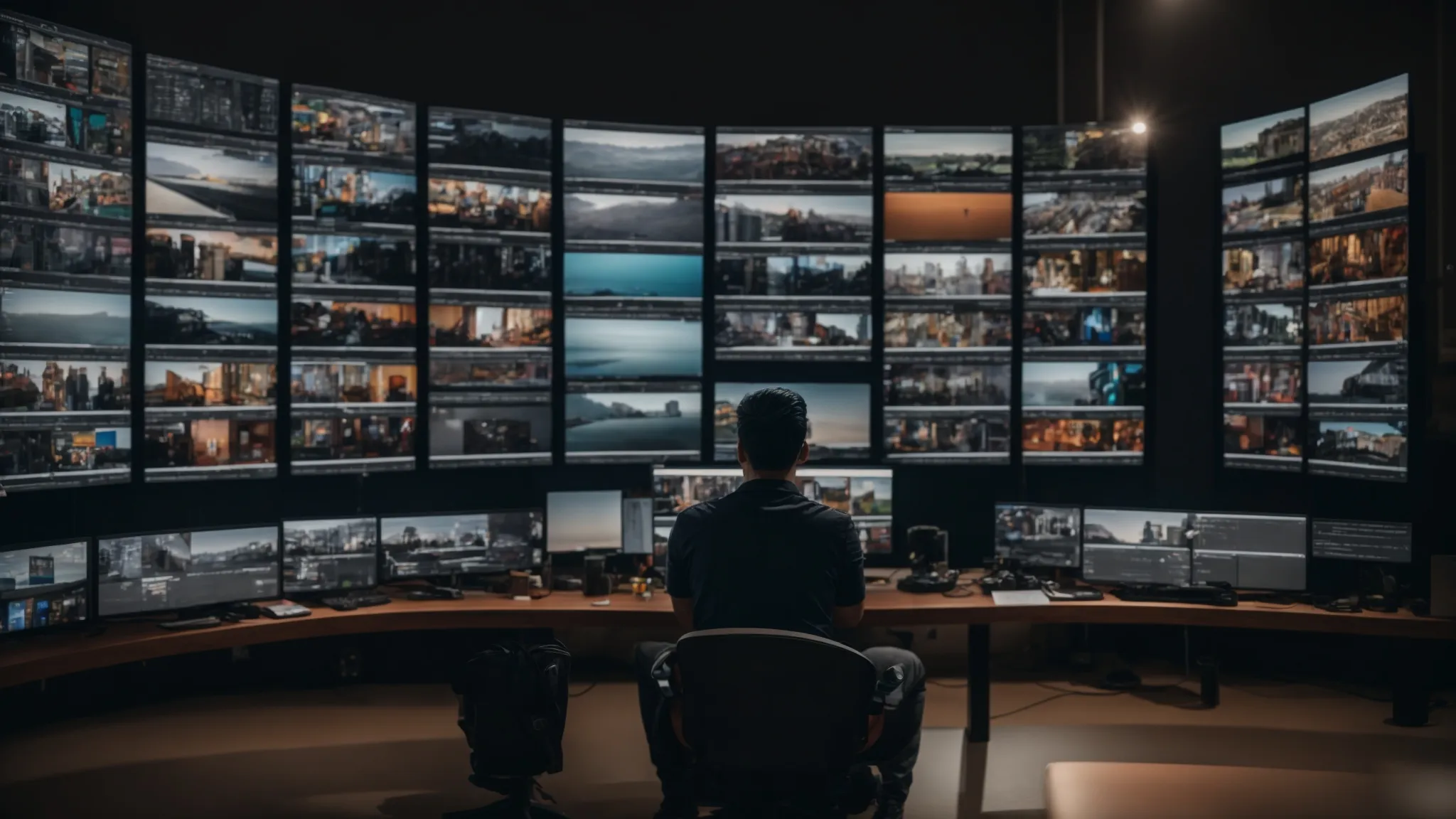 a creator sits in front of multiple screens, each displaying a different social media platform, ready to upload a video.