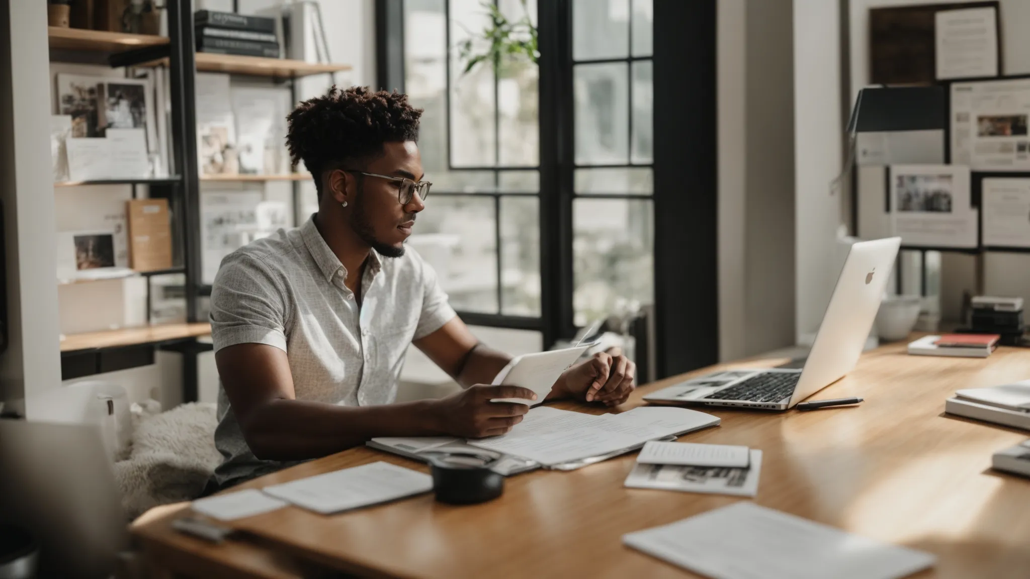 a social media influencer sits at a desk with a laptop open to graphs of engagement rates, surrounded by notes, in a well-lit home office.