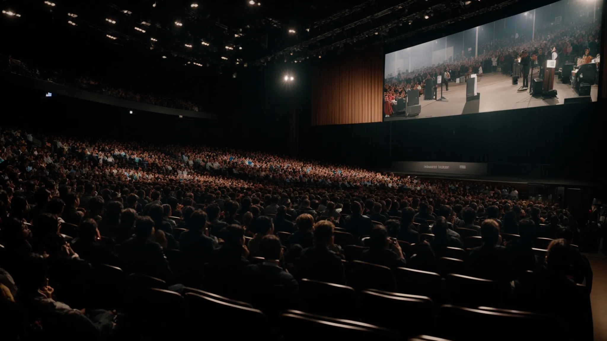 a crowded auditorium with a person on stage speaking to an audience, with a large digital screen behind them showcasing a live stream interface.