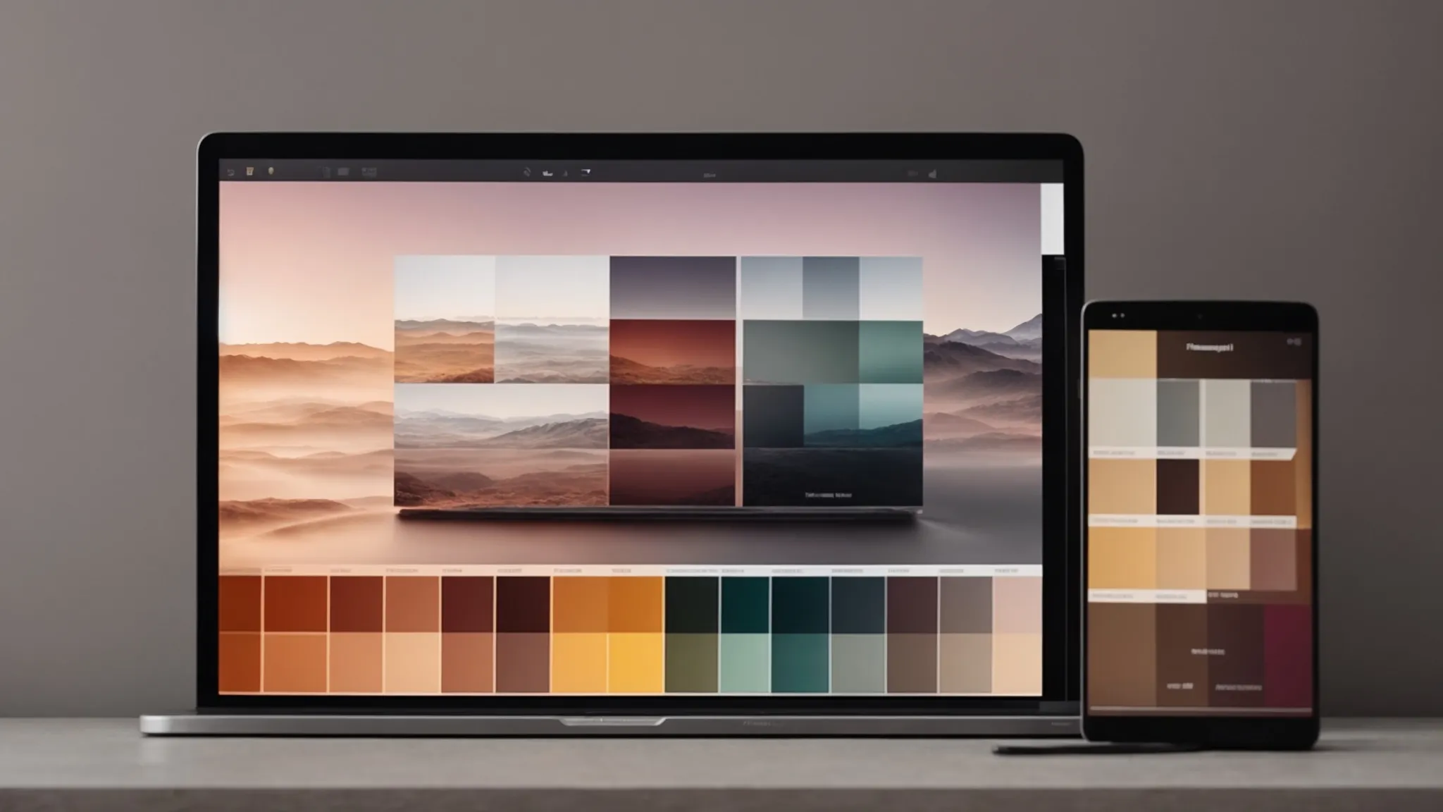 a palette of various shades of a single color spread across different screens, symbolizing consistency in branding.