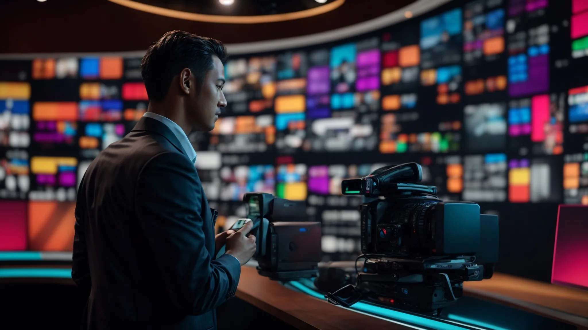 a dynamic presenter in front of a camera, with colorful graphics on a screen behind, engaging an unseen online audience.