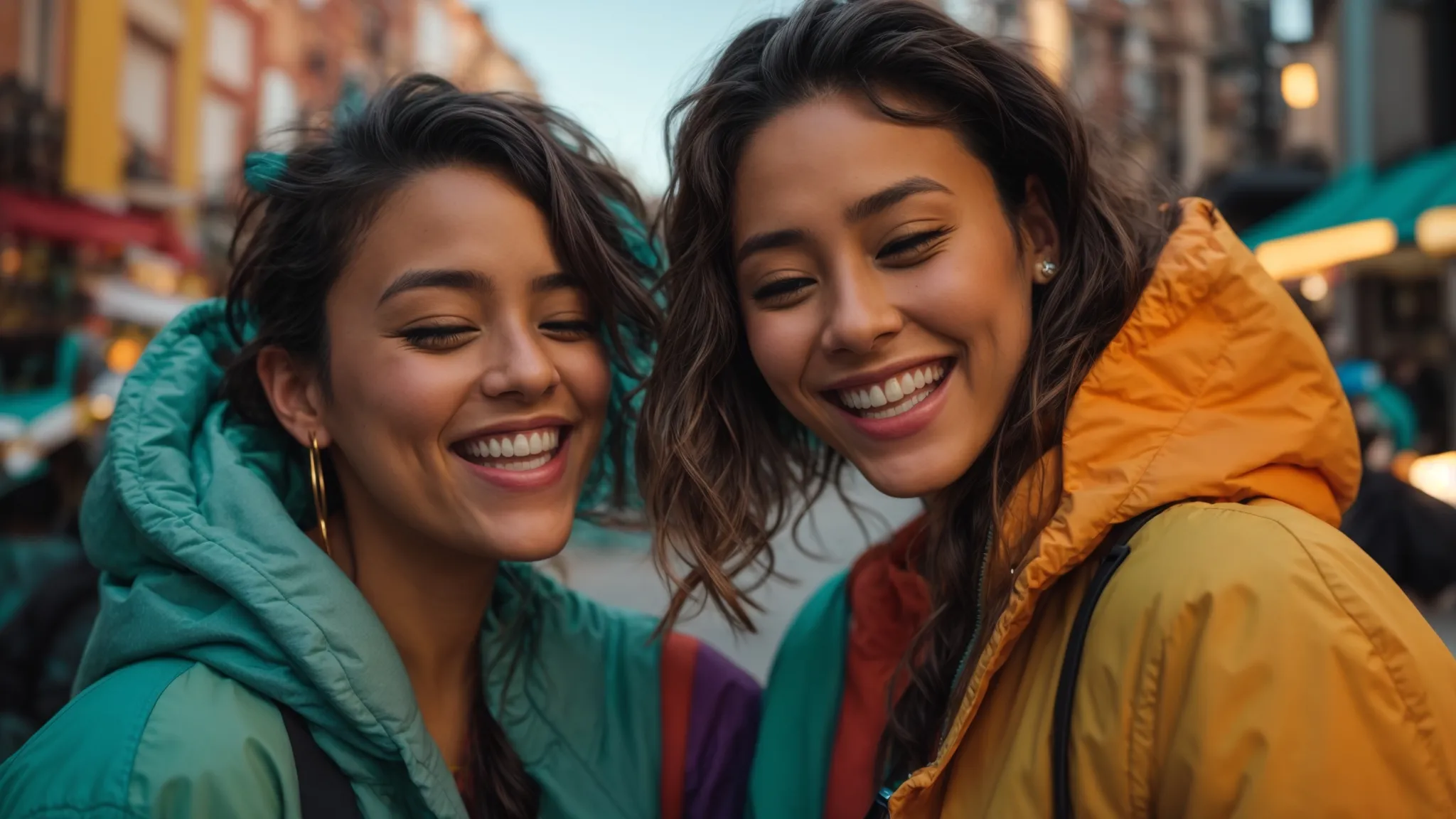 two friends laugh as they take a selfie, their faces whimsically altered by colorful ar filters on a brightly lit street.