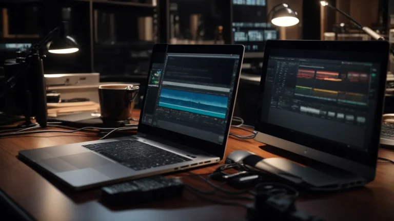 a sleek laptop displaying a complex video editing software interface, surrounded by professional recording equipment.