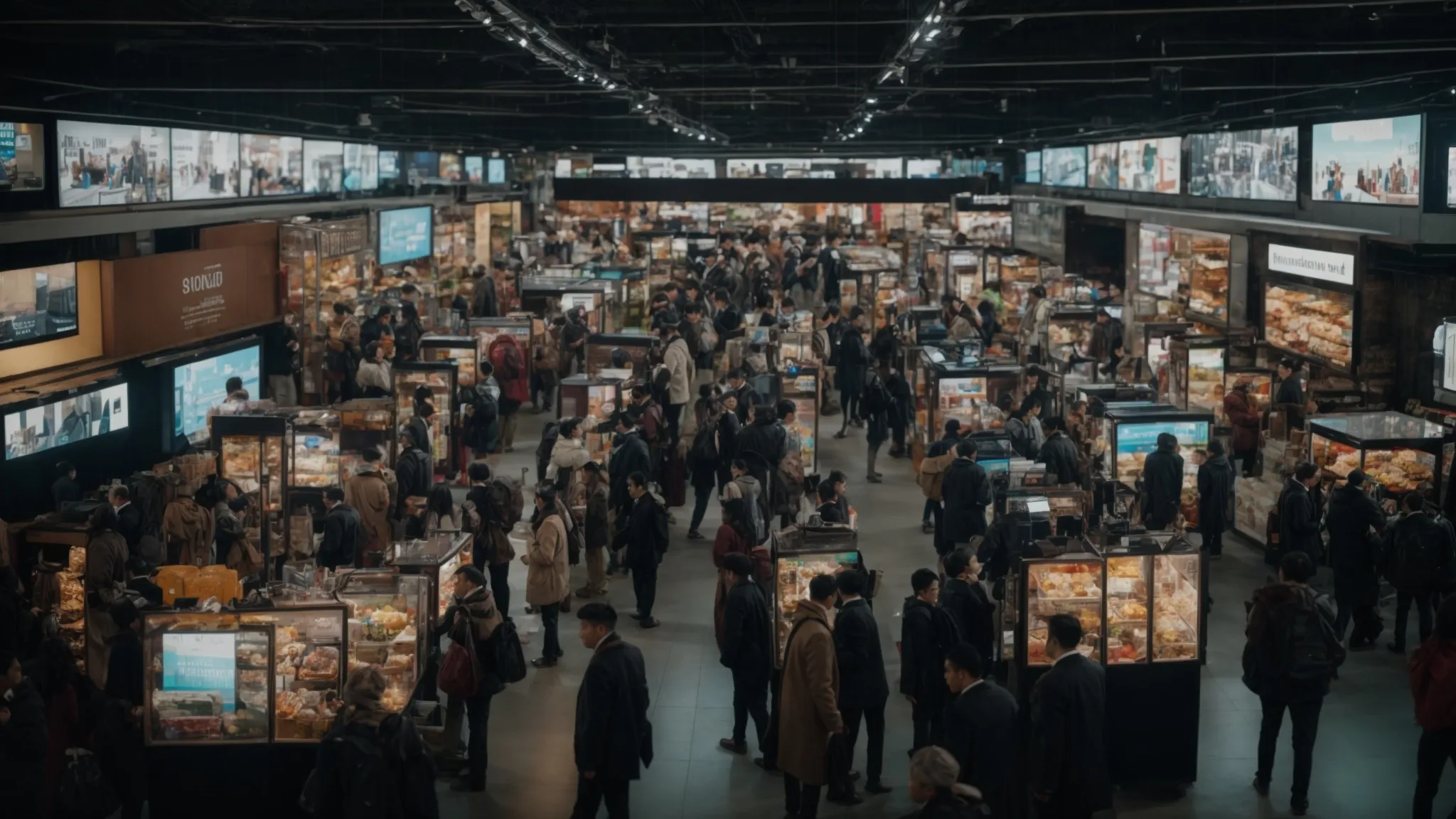 a crowded marketplace with various digital screens showcasing different stages of engaging video content.