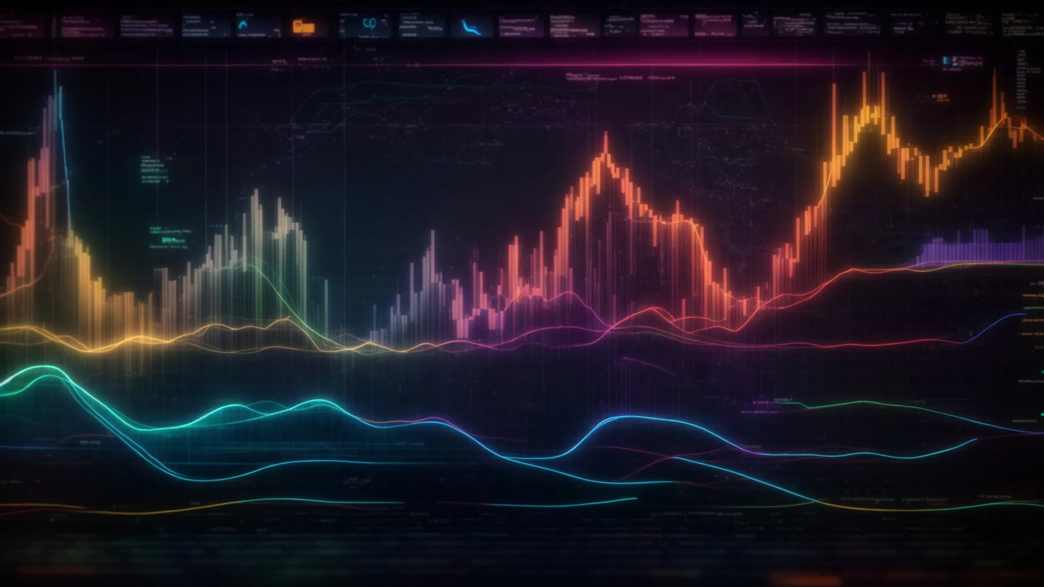 a wide array of colorful, abstract shapes and lines flow into a large, glowing screen displaying charts and graphs while faint outlines of social media icons hover in the background.
