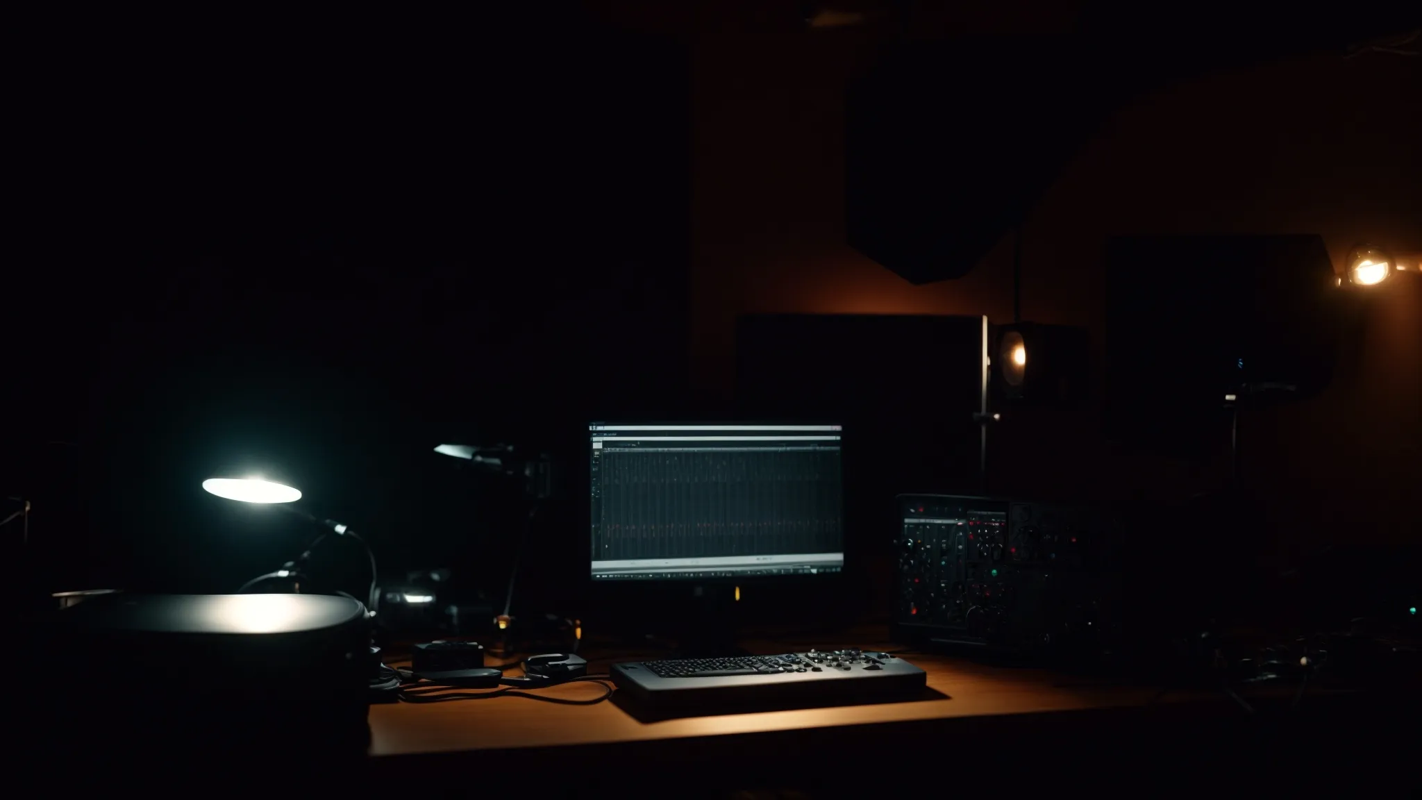 a webcam perched atop a monitor in a dimly lit room, casting a soft glow over a microphone and mixing board setup.