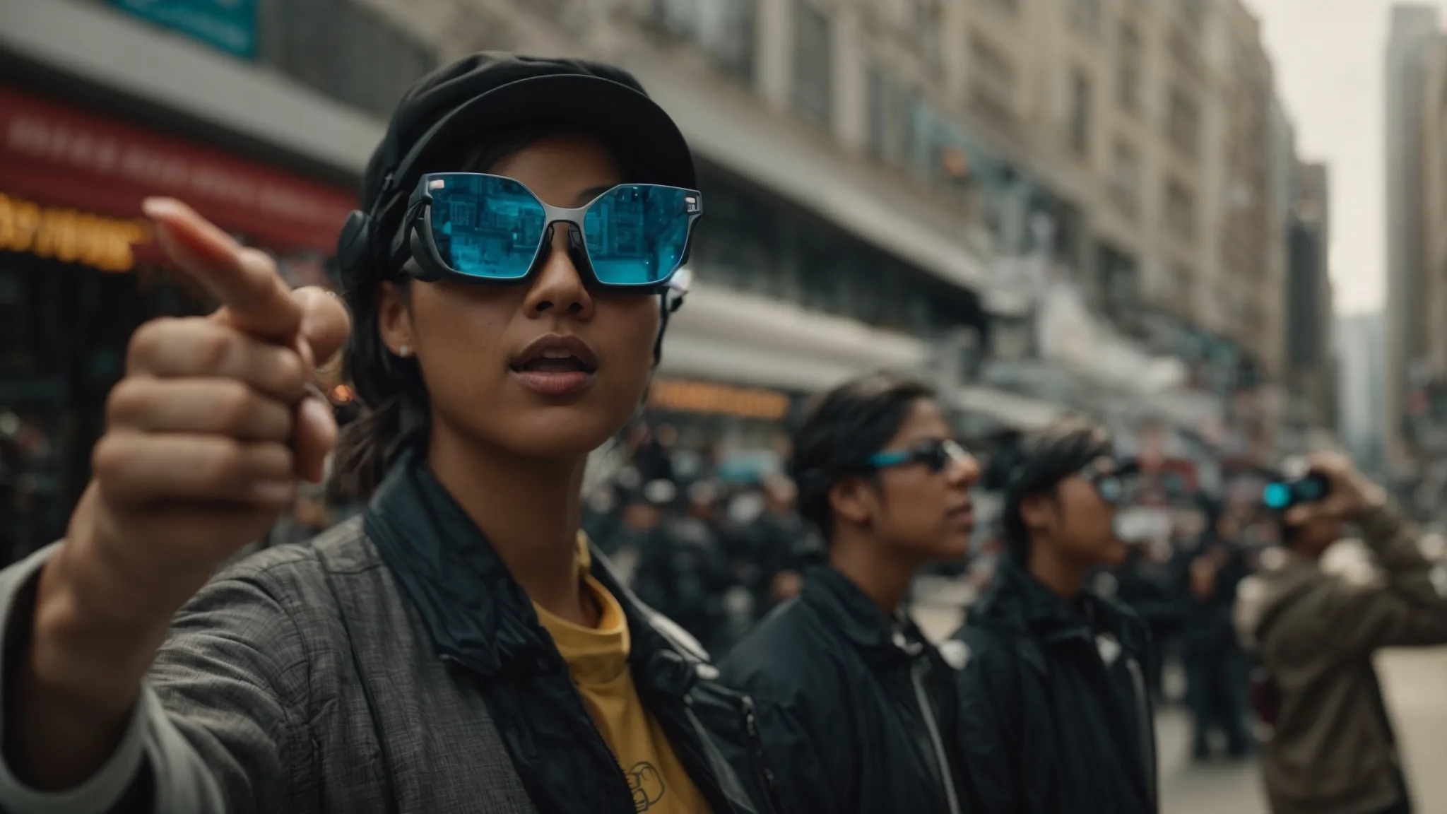 a group of people wearing ar glasses, pointing at floating digital icons in a bustling city street.