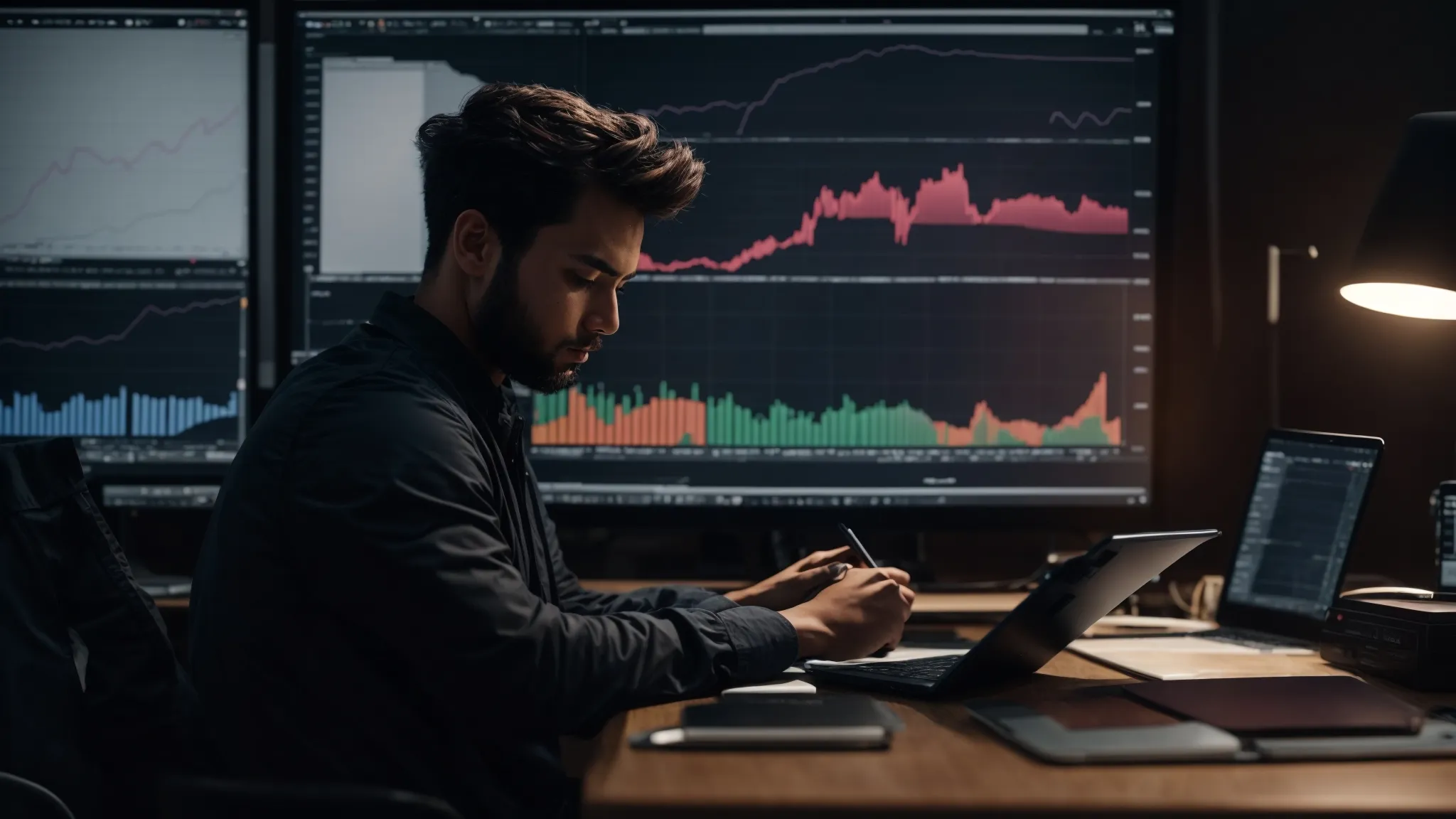 a content creator sits in front of a computer screen filled with graphs and charts, intently studying trends in merchandise sales.