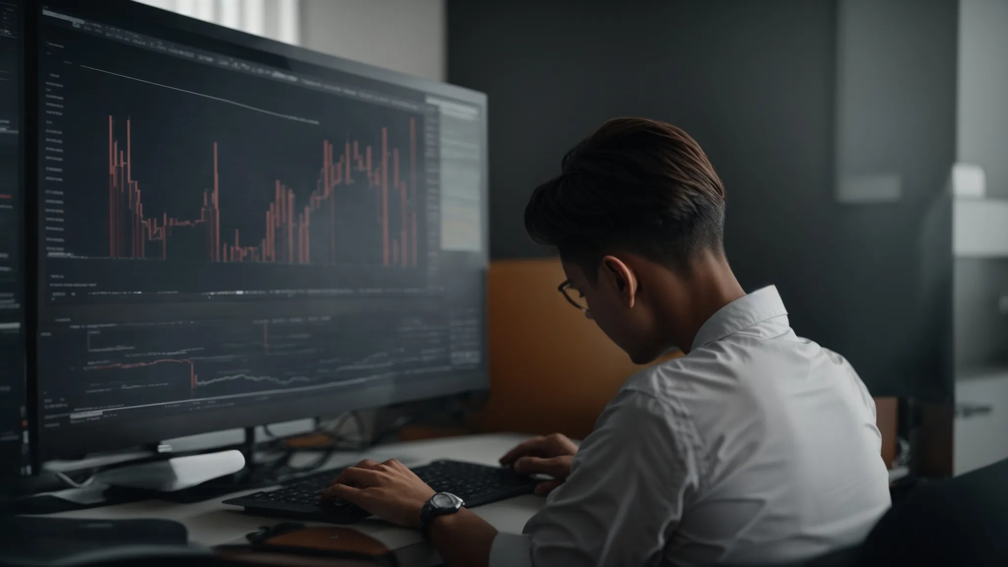 a person seated at a desk, intensely studying graphs and charts on a computer screen.