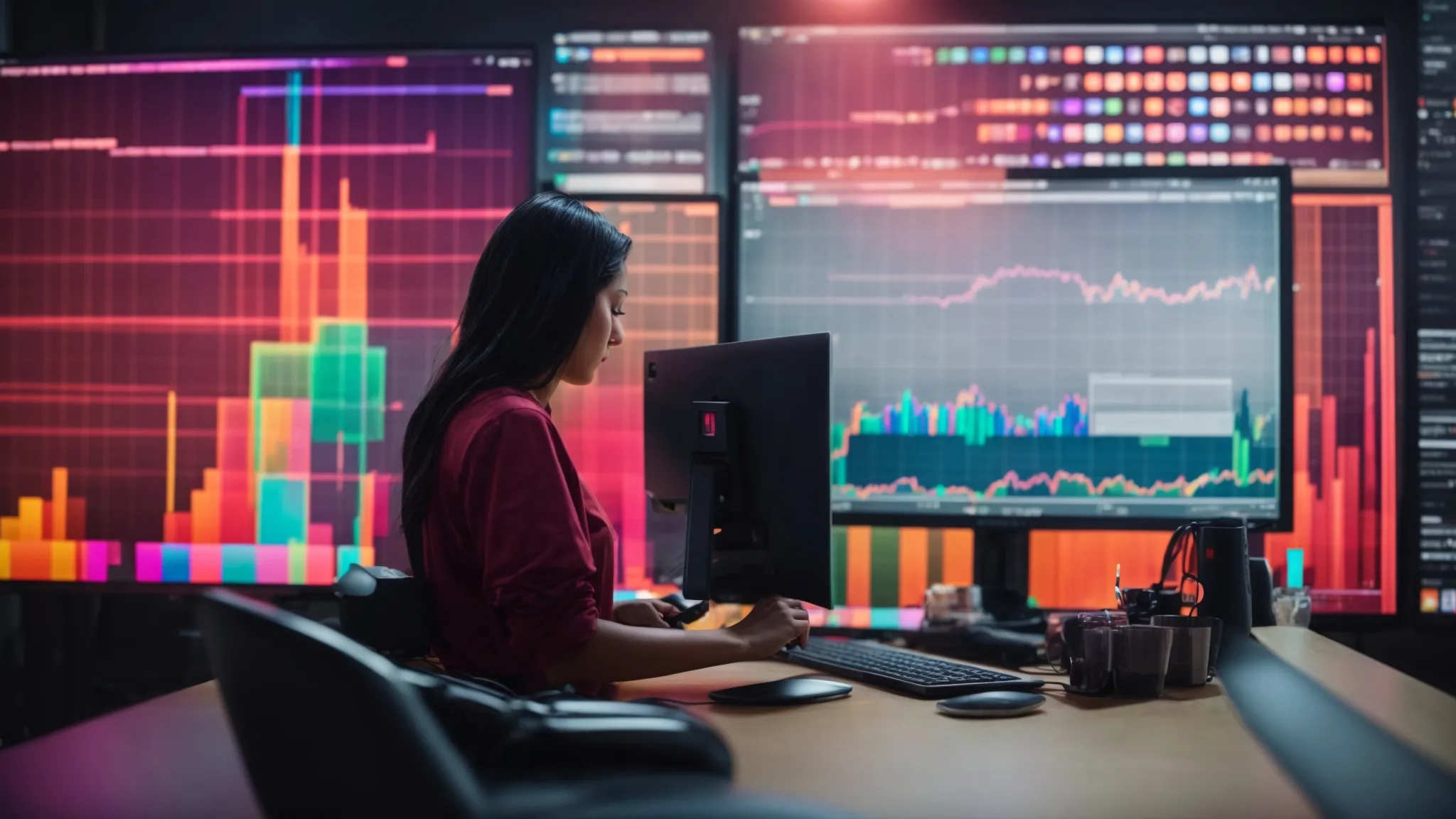 a person at a computer analyzing a colorful graph that depicts social media engagement trends.