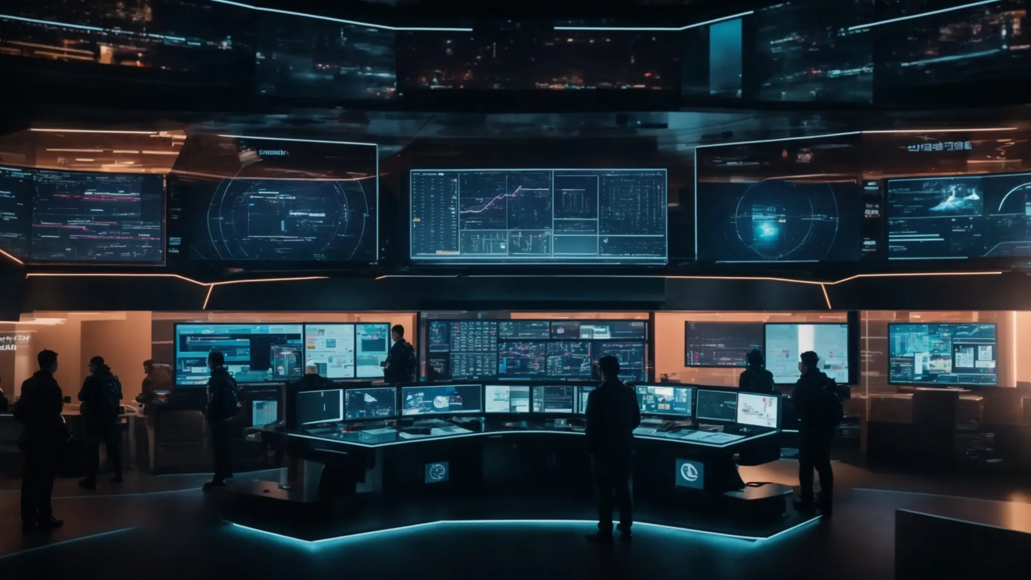 a futuristic command center with glowing screens displaying various social media analytics and data visualizations.