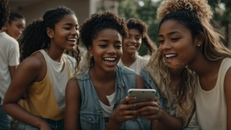 a group of teenagers gather around a smartphone, excitement in their eyes, as they watch and prepare to replicate a trending challenge.