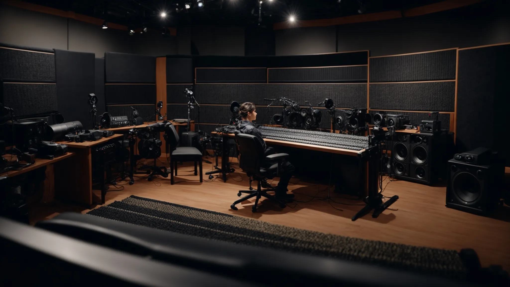 a streamer sits in a sound-dampened studio surrounded by various microphones on stands, contemplating which to use for the best live audio clarity.