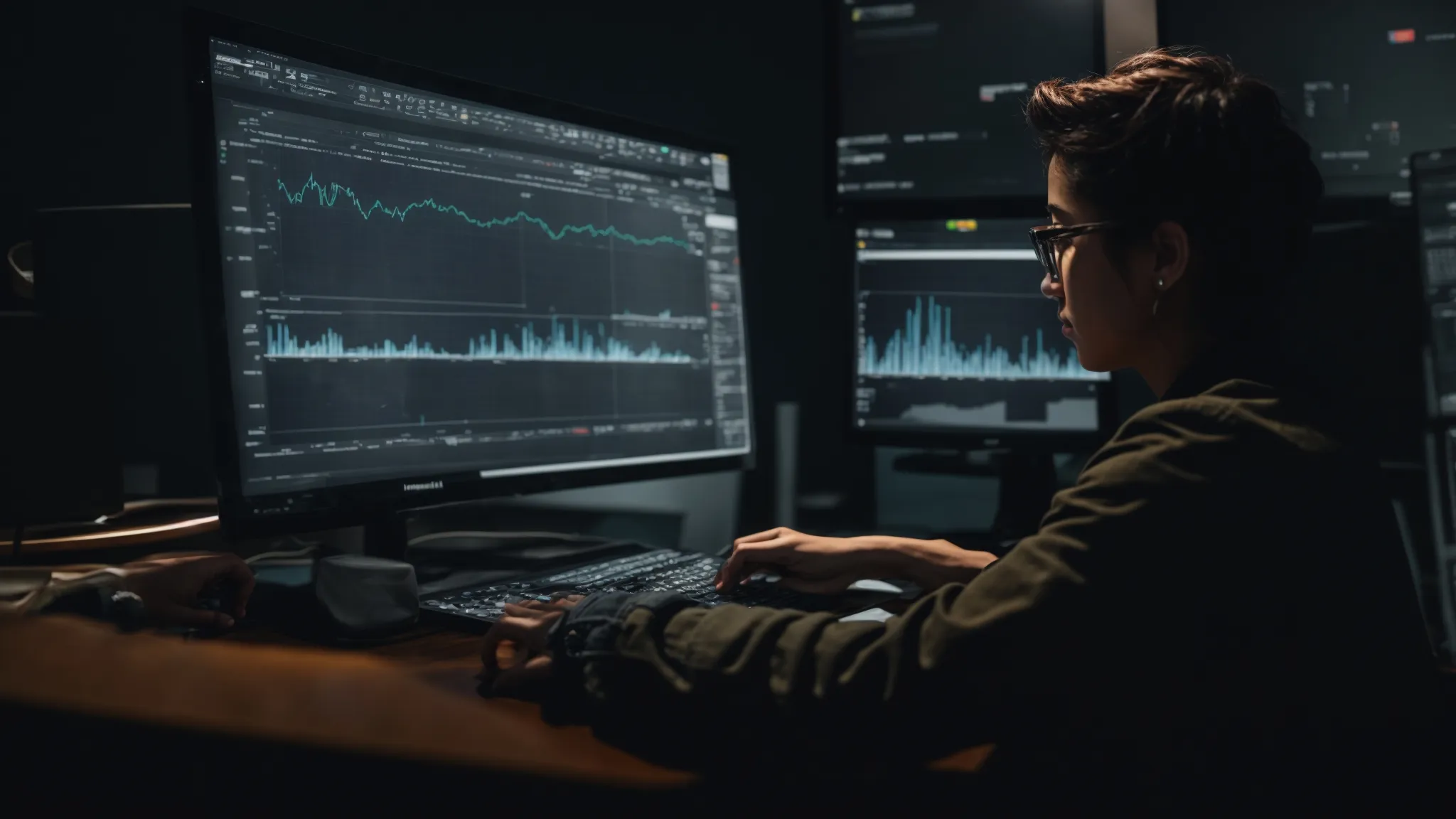 a person intently studies graphs on a computer screen, highlighting trends in social media feedback.