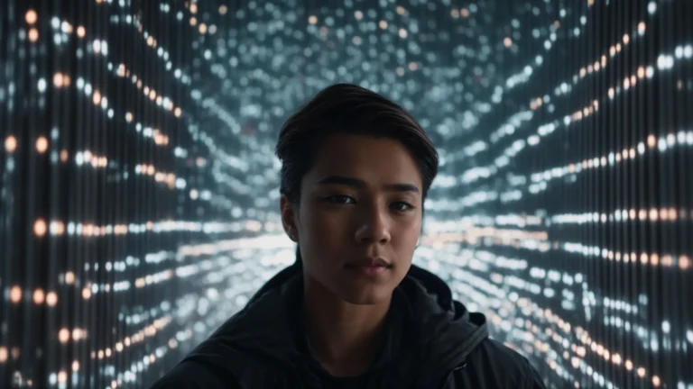 a person captures themselves in a selfie video with graphical 3d effects overlaying their surroundings.