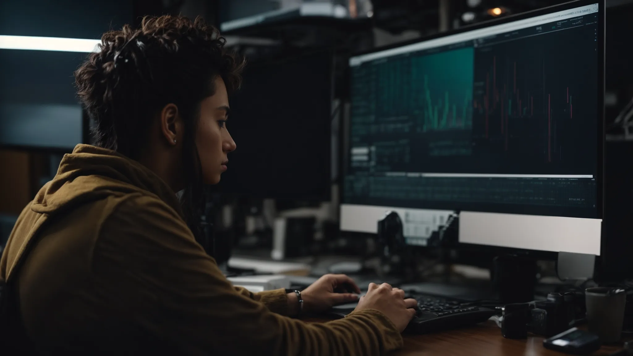 a content creator thoughtfully reviewing data on a computer screen in a creative workspace filled with video equipment.