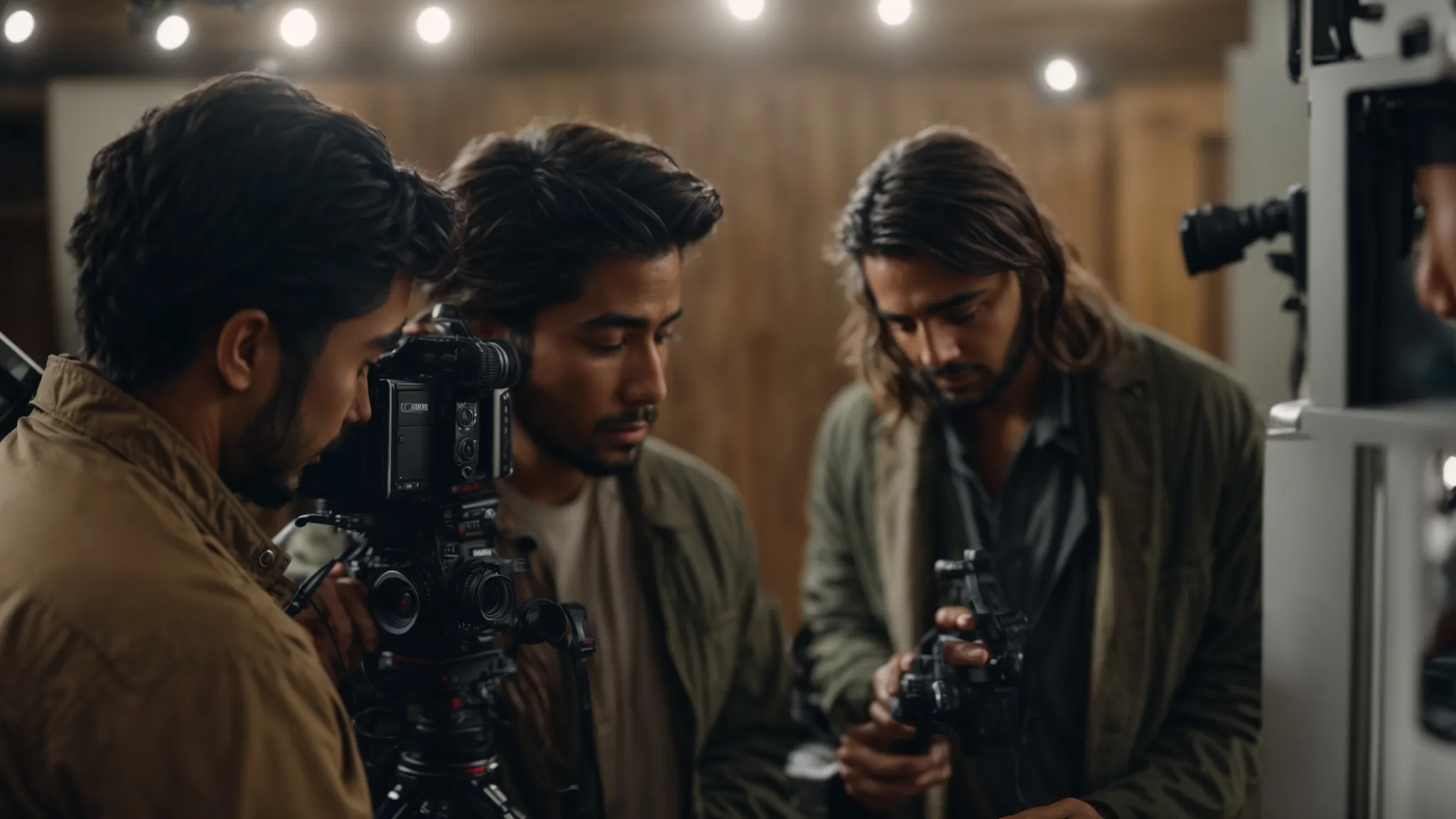 a filmmaker adjusting a camera on a set, capturing an emotional moment between actors encapsulating a compelling brand narrative.