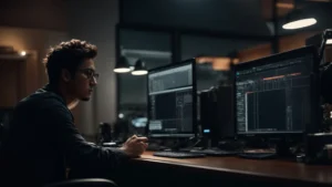 a filmmaker gazes intently at a monitor, editing a powerful scene that is sure to captivate viewers on social media.