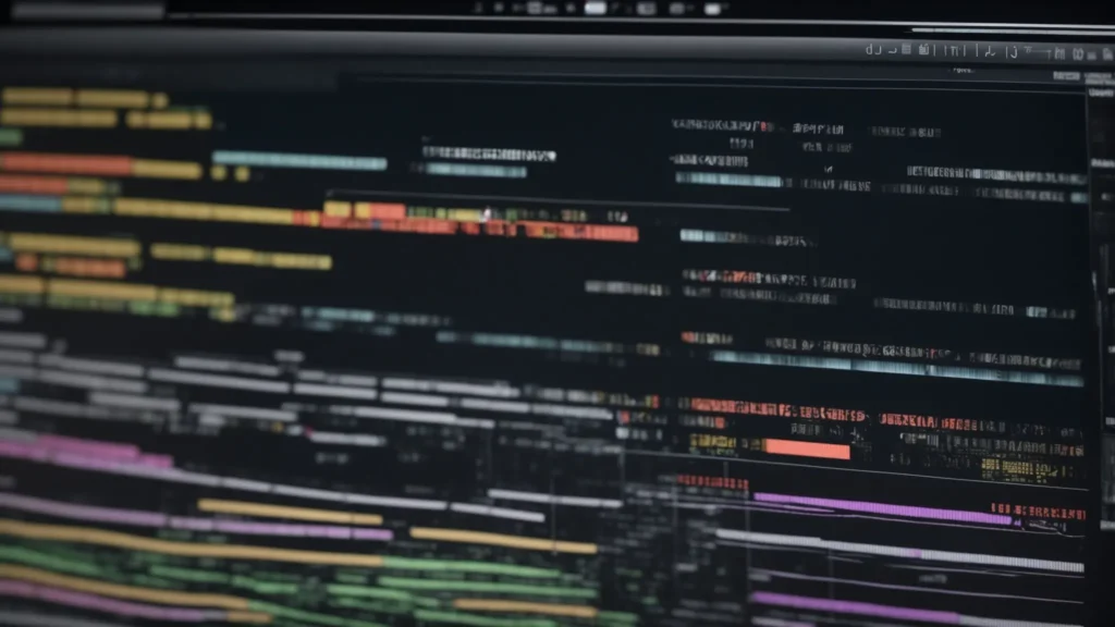 a computer screen shows a video editing program open with subtitle text boxes on the timeline.
