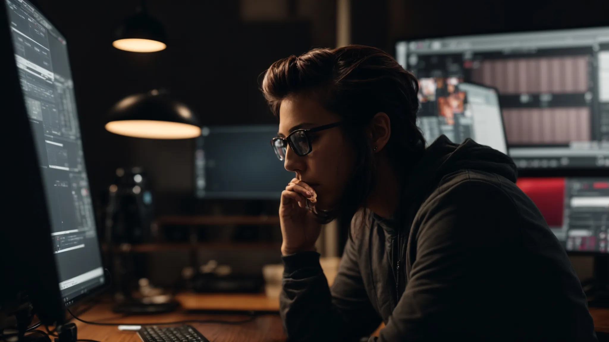a content creator discussing strategy in front of a computer with a live stream setup in the background.
