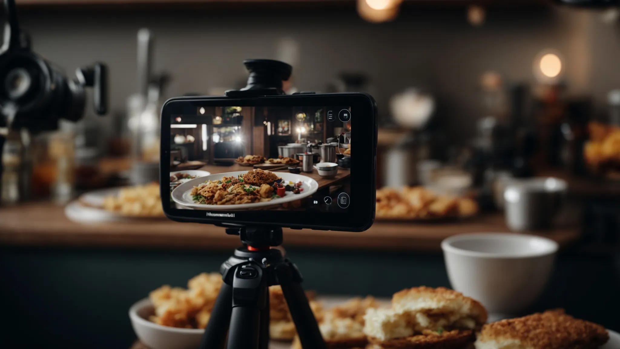 a smartphone on a tripod broadcasting a cooking demonstration to social media followers.