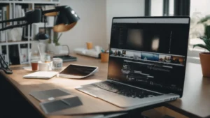 a content creator sits at a desk with a laptop open, editing a video in a bright, minimalistic office.