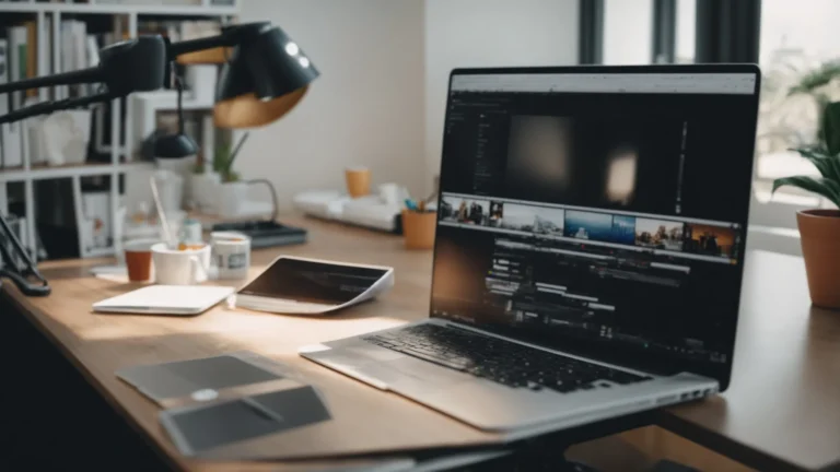 a content creator sits at a desk with a laptop open, editing a video in a bright, minimalistic office.