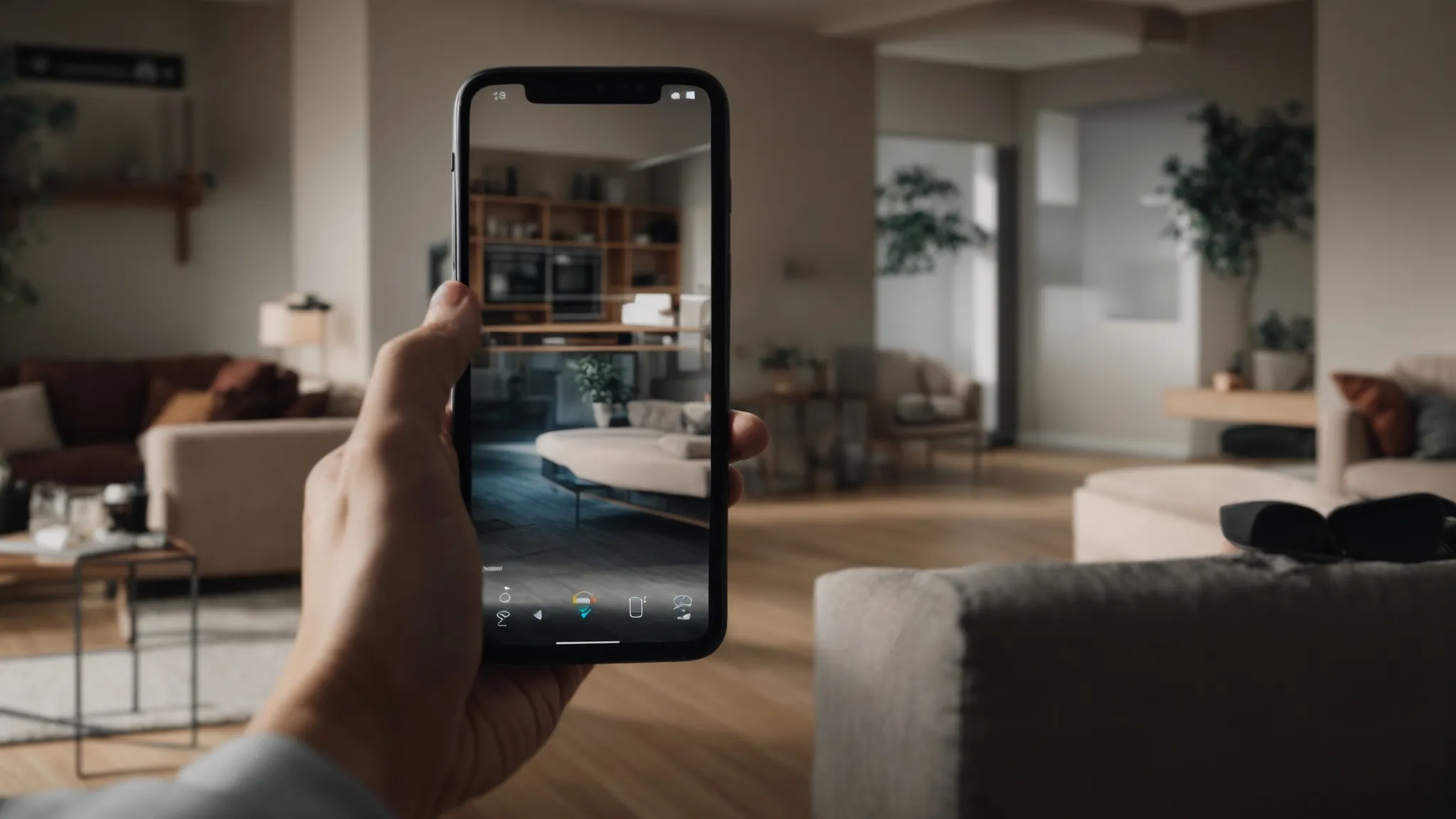 a smartphone screen displaying an augmented reality (ar) overlay where a user interacts with a 3d model of a product floating in their living room.