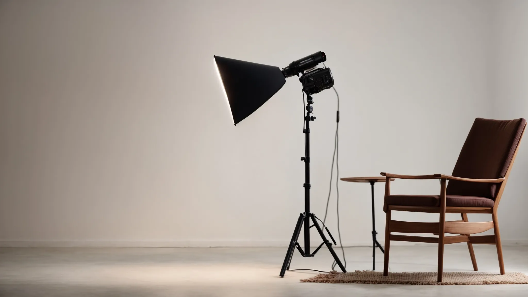 a vibrant studio setup with professional lighting and a camera pointing towards an empty chair against a neutral background, awaiting the host.