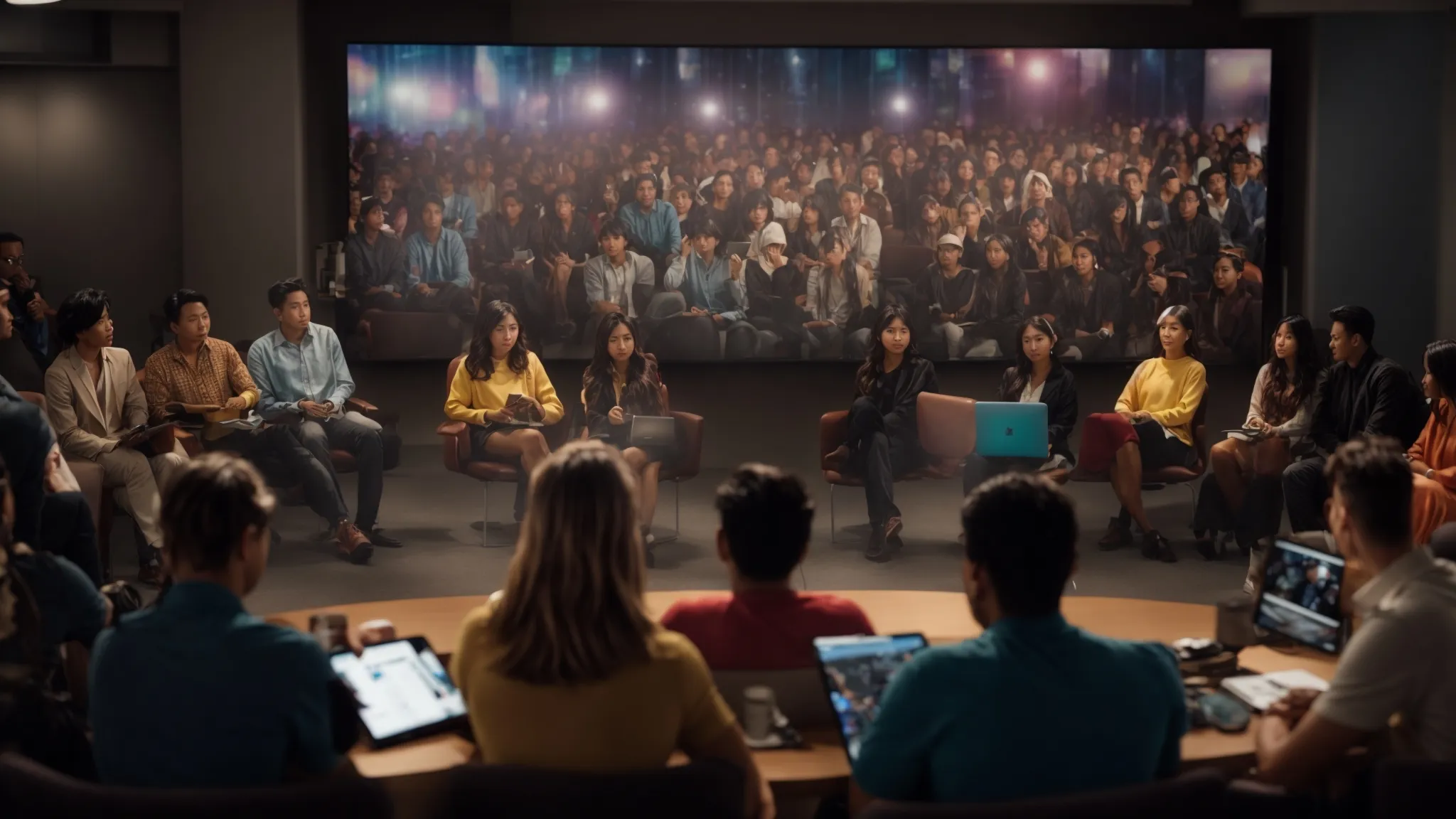 a group of animated characters gathered around a large screen displaying a live social media video, actively participating in a group discussion.