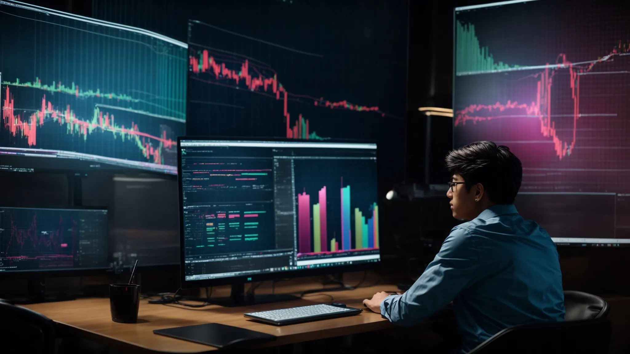 a person sitting in front of two computer monitors displaying colorful graphs and video analytics.