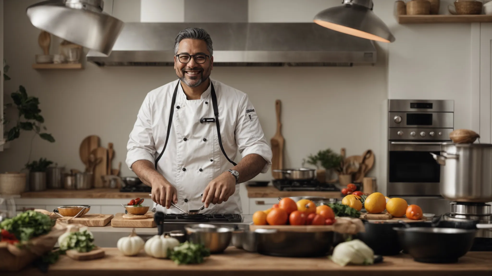 a camera captures a smiling chef in a bright kitchen, surrounded by cooking utensils while facing a laptop screen, engaging with viewers during a virtual cooking class.