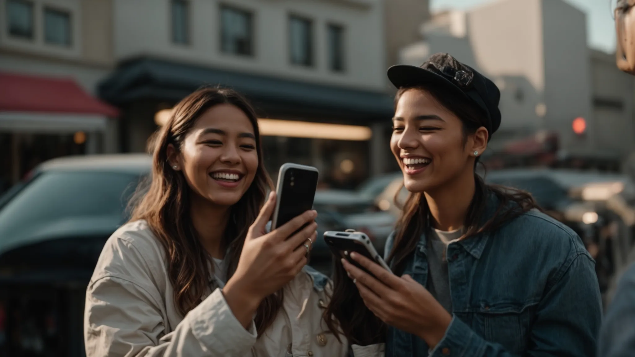 two friends laughing together as they share a smartphone, playing with an ar face filter.
