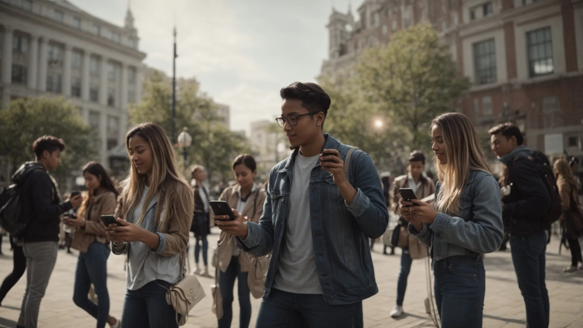a group of people gathered around a public square, interacting with invisible objects through their smartphones, visibly excited and engaged.