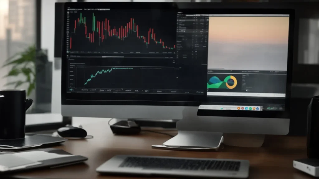 a desktop setup showcasing an open laptop with a chart of rising profits on the screen and a video editing software interface in the background.
