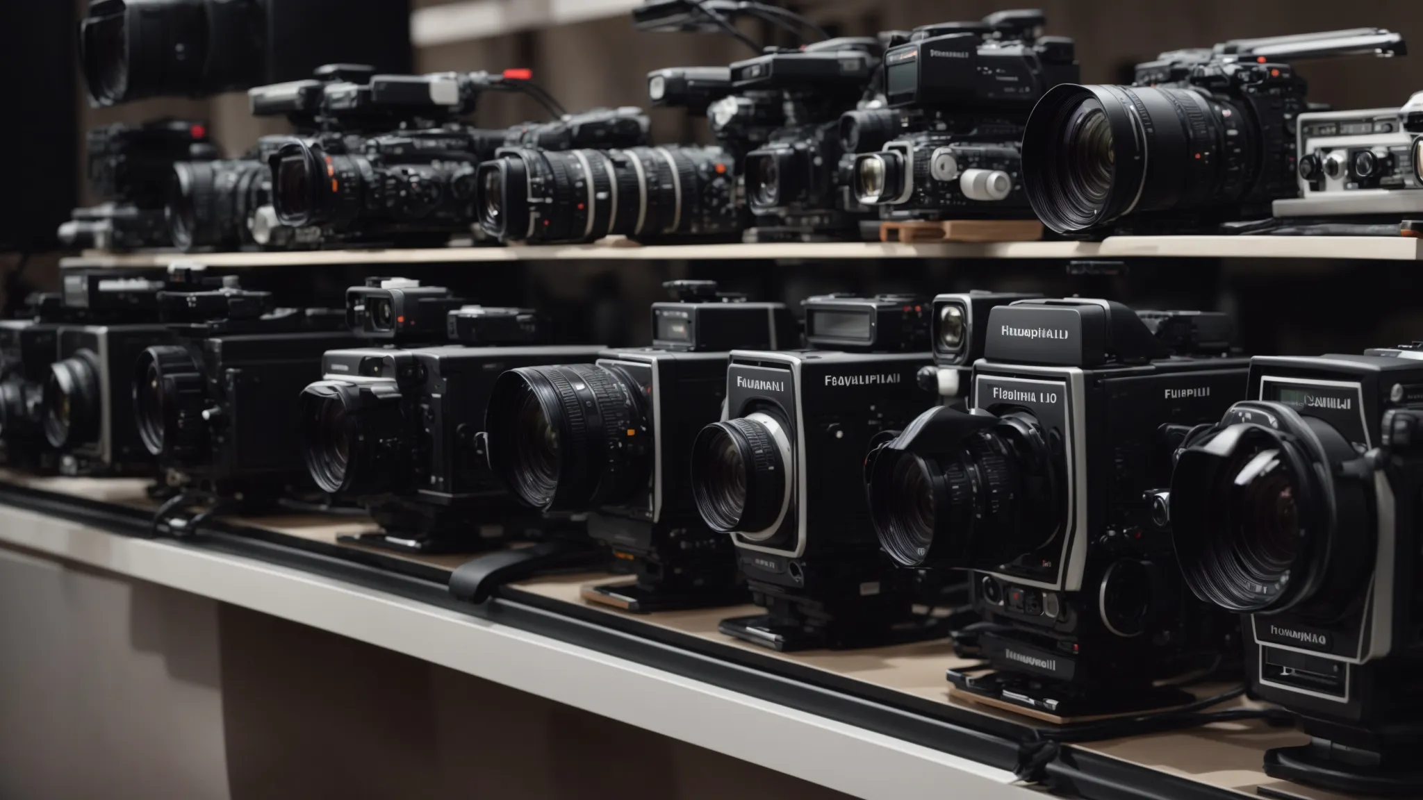 a row of various video cameras on display, highlighting a range from basic models to professional equipment.