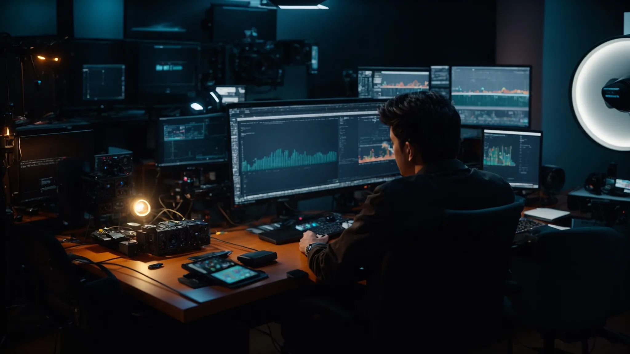 a content creator sits before a glowing computer screen, surrounded by advanced broadcasting equipment in a well-lit studio.