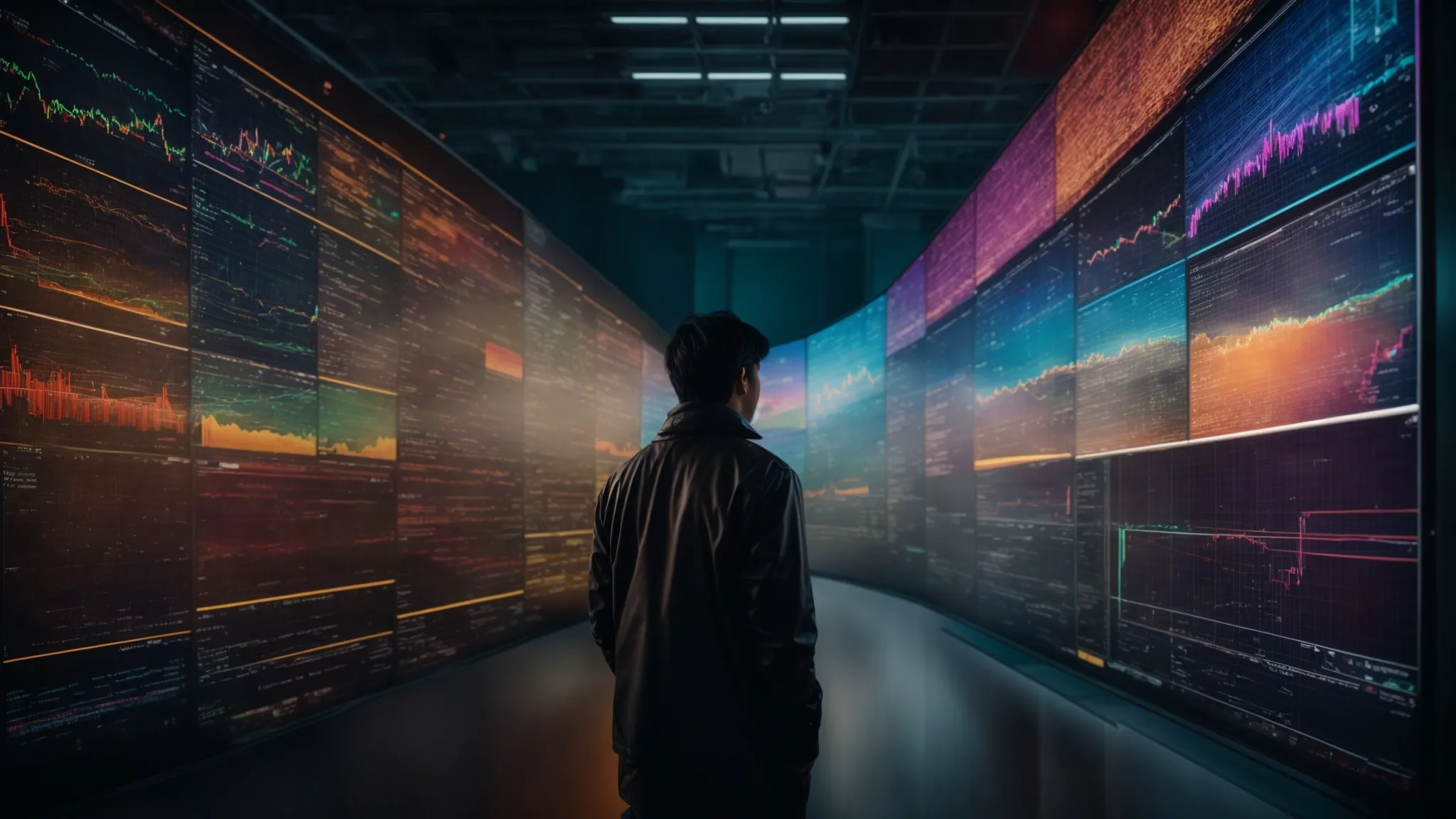 a person stares intently at a large digital screen displaying colorful, organized charts symbolizing social media comments analysis.