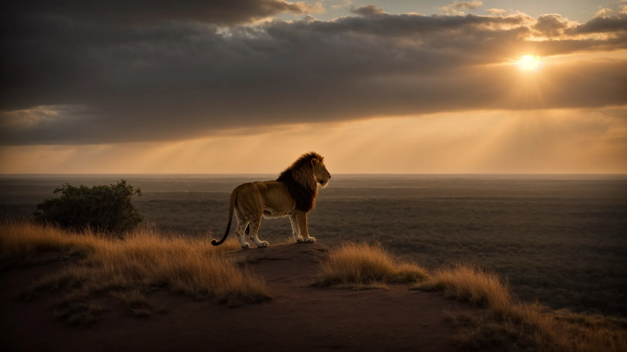 a majestic sunset paints the sky as a silhouette of a lion stands atop a cliff, overlooking the expansive savannah below.