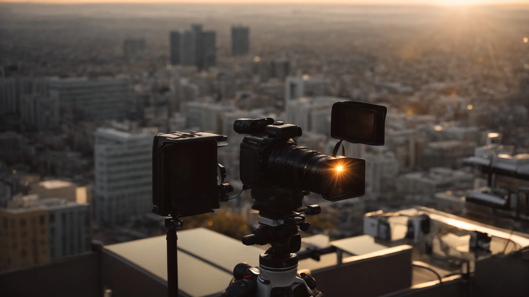 a filmmaker capturing sunrise over a bustling cityscape with a video camera mounted on a tripod.