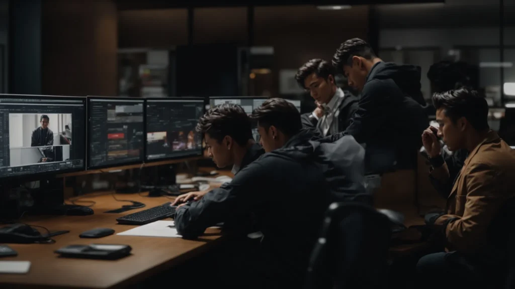 a team of designers intensely focuses on a computer screen, assessing different logo positions on a promotional video.
