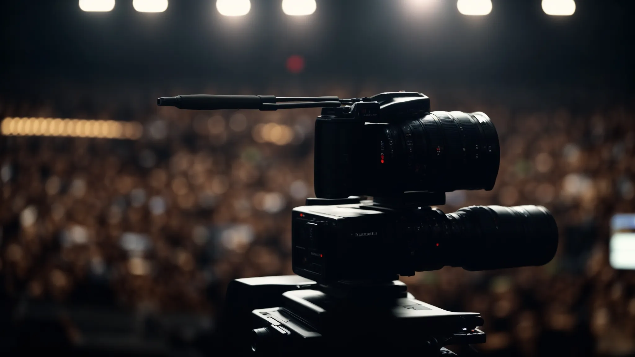 a camera facing a well-lit stage with a microphone and a laptop open to streaming software.
